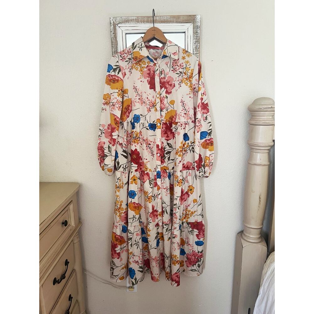 Shein Boho Collar Button Front Ruffle Hem Flounce Floral Maxi Dress XS